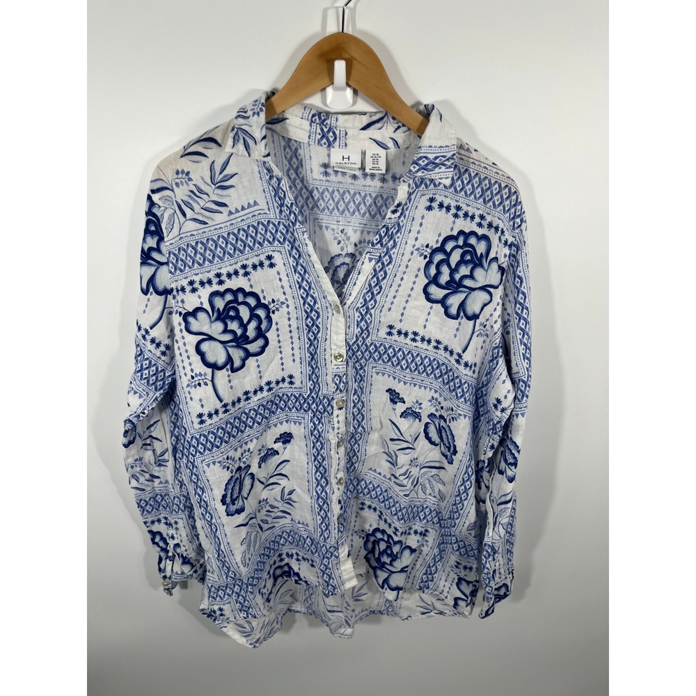 Halston Womens 100% Linen Button Up Shirt L Blue White Beach Coastal Resort